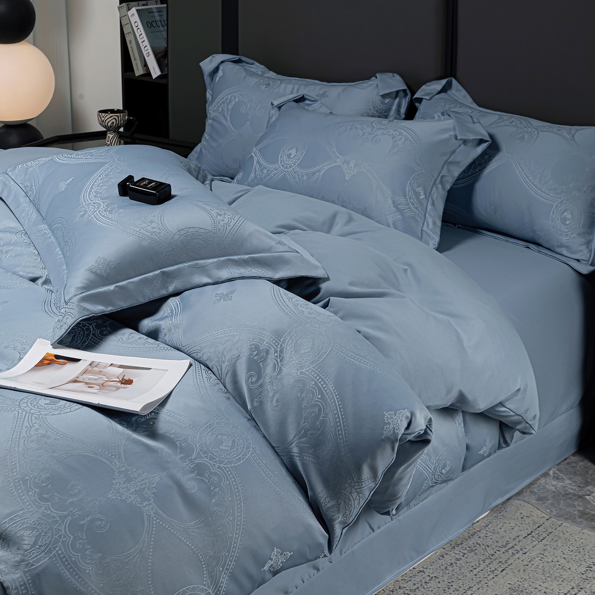 91家纺网 家纺一手货源 找家纺 暖芯优选 2025新款欧式轻奢风直播热款贡缎提花四件套床单床笠款 经典蓝