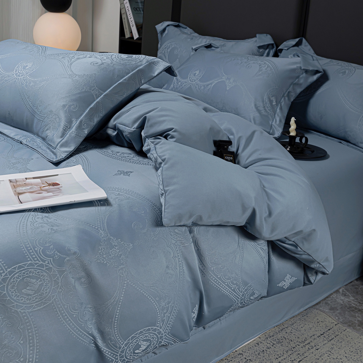 91家纺网 家纺一手货源 找家纺 暖芯优选 2025新款欧式轻奢风直播热款贡缎提花四件套床单床笠款 经典蓝