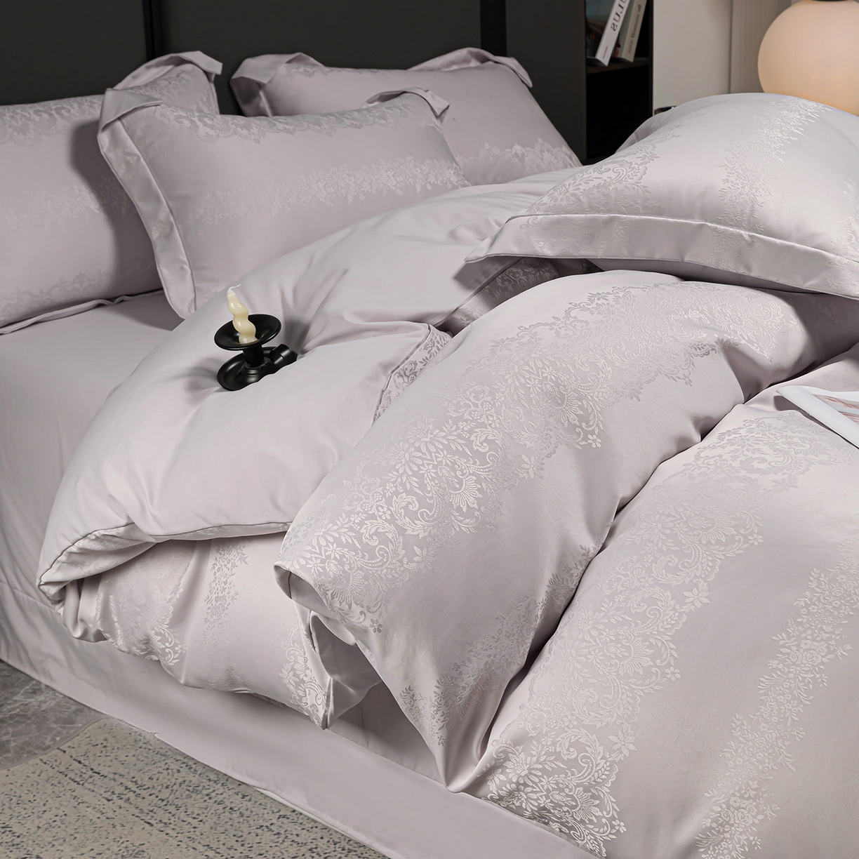 91家纺网 家纺一手货源 找家纺 暖芯优选 2025新款欧式轻奢风直播热款贡缎提花四件套床单床笠款 月光灰