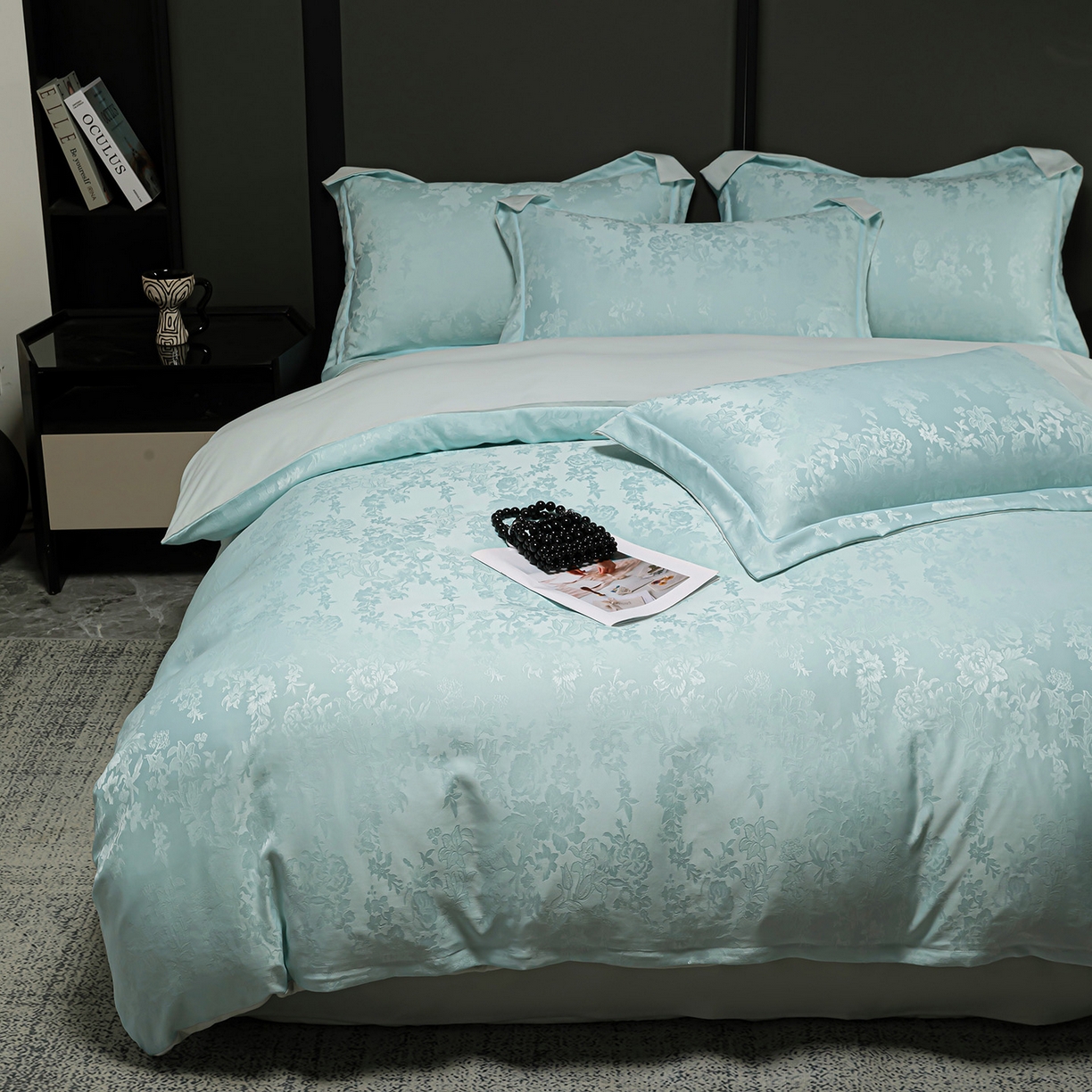 91家纺网 家纺一手货源 找家纺 暖芯优选 2025新款欧式轻奢风直播热款贡缎提花四件套床单床笠款 冰岛蓝