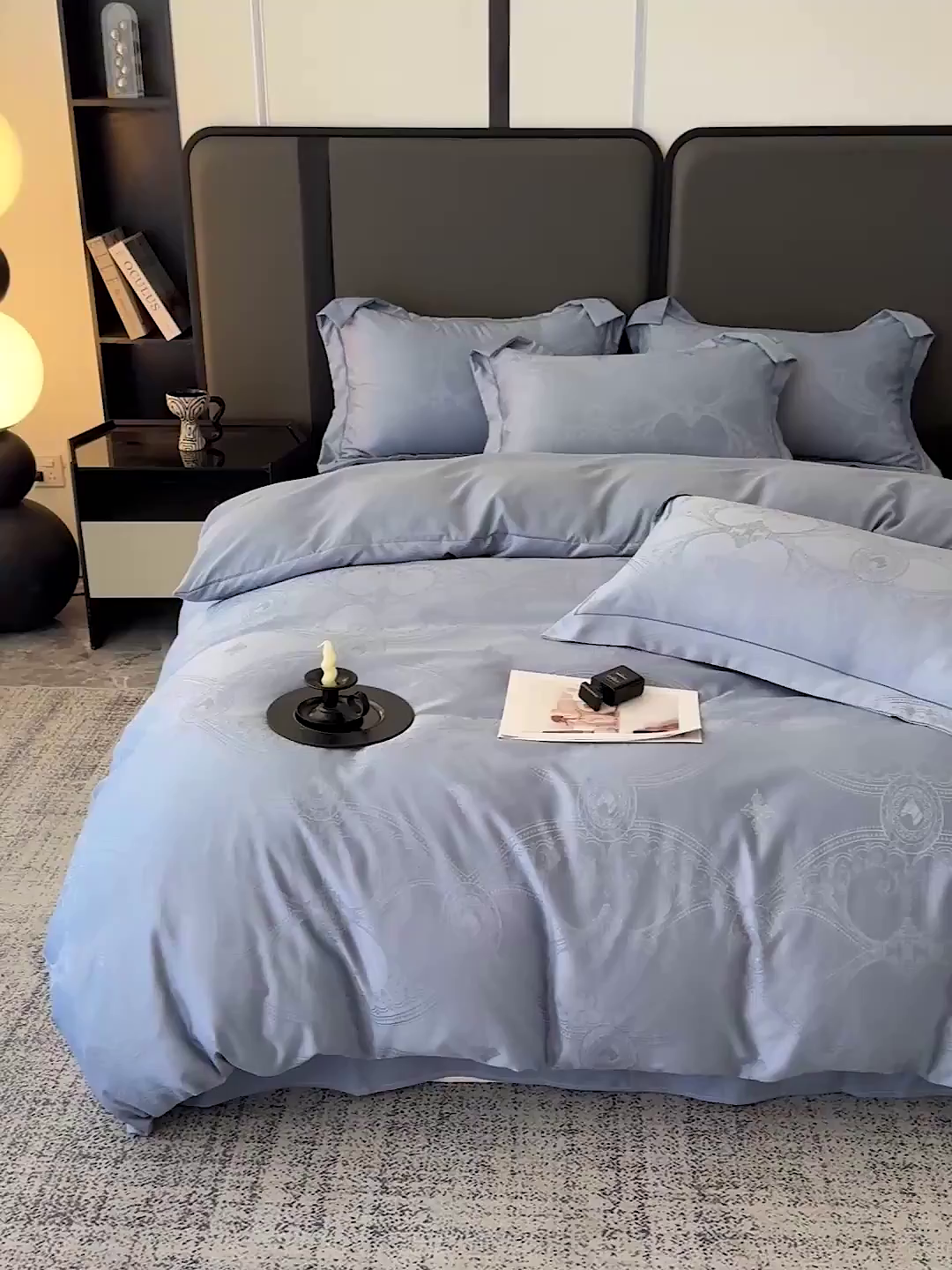 91家纺网 家纺一手货源 找家纺 暖芯优选 2025新款欧式轻奢风直播热款贡缎提花四件套床单床笠款 经典蓝