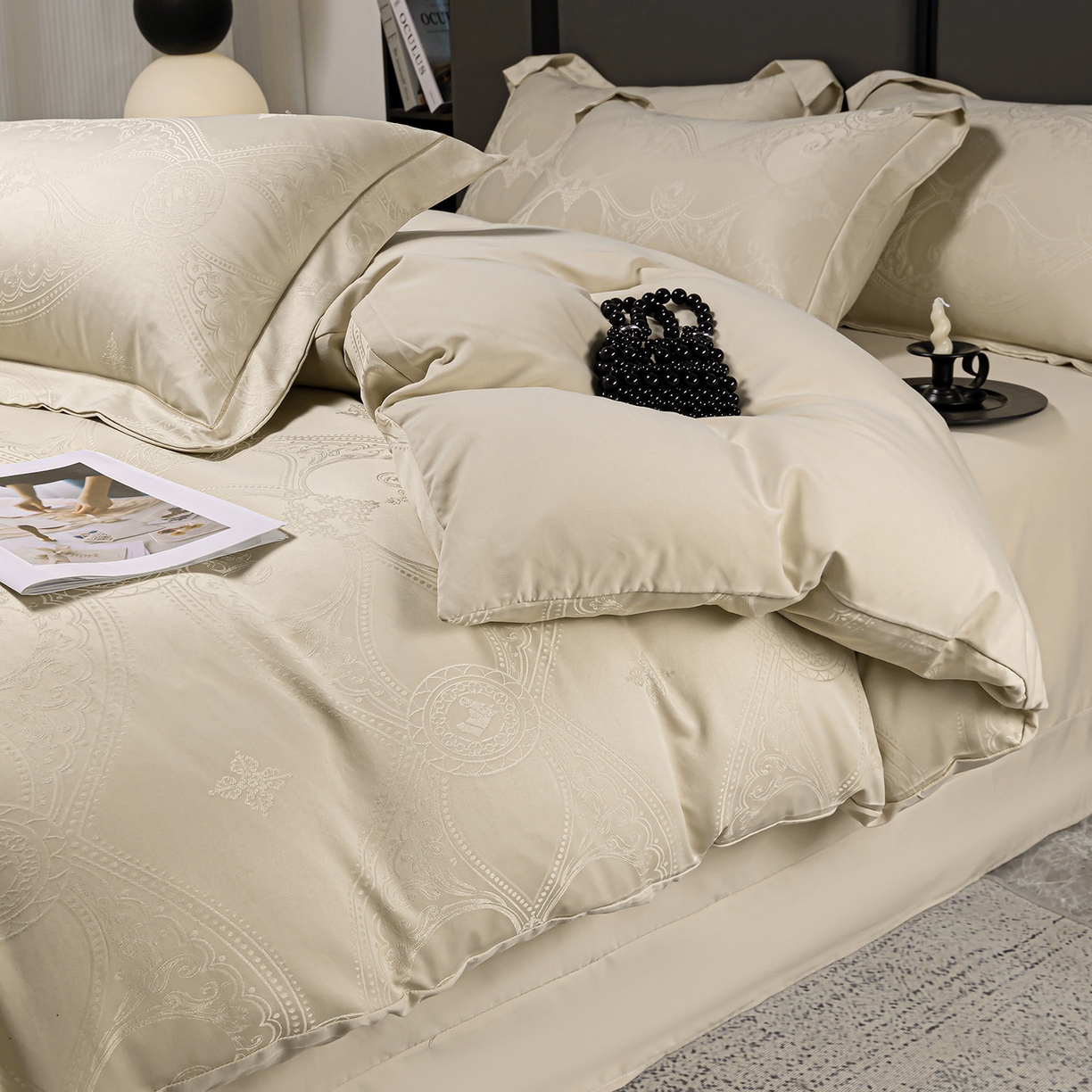 91家纺网 家纺一手货源 找家纺 暖芯优选 2025新款欧式轻奢风直播热款贡缎提花四件套床单床笠款 浅香槟