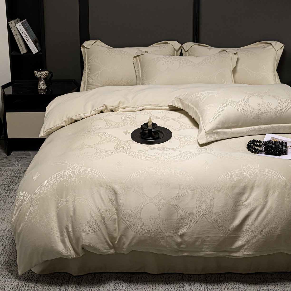 91家纺网 家纺一手货源 找家纺 暖芯优选 2025新款欧式轻奢风直播热款贡缎提花四件套床单床笠款 浅香槟