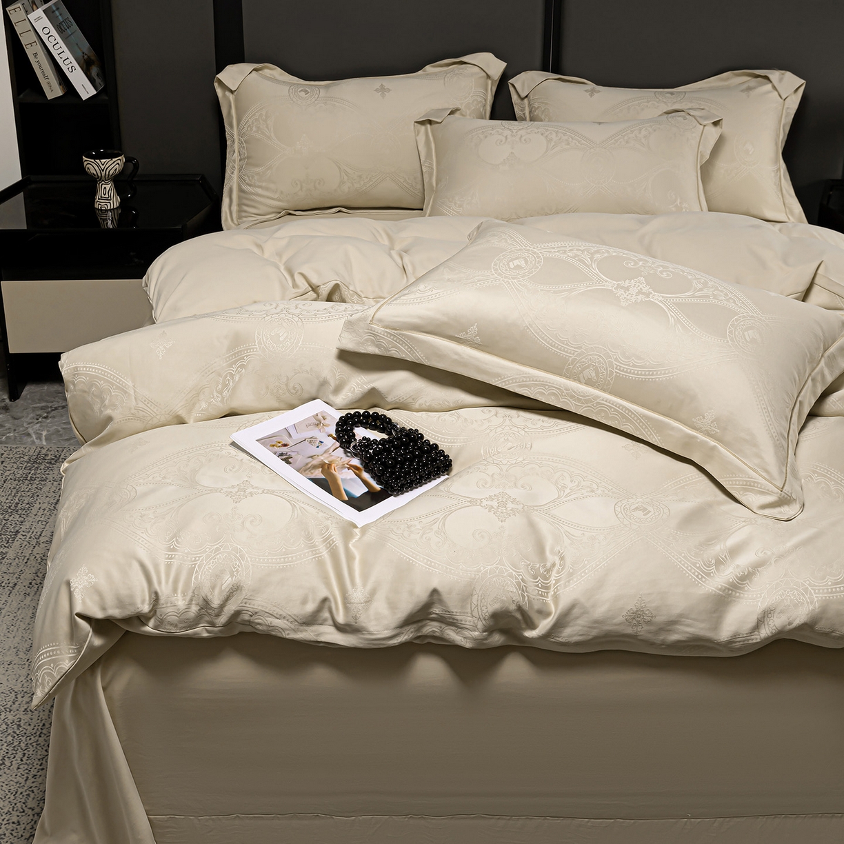 91家纺网 家纺一手货源 找家纺 暖芯优选 2025新款欧式轻奢风直播热款贡缎提花四件套床单床笠款 浅香槟