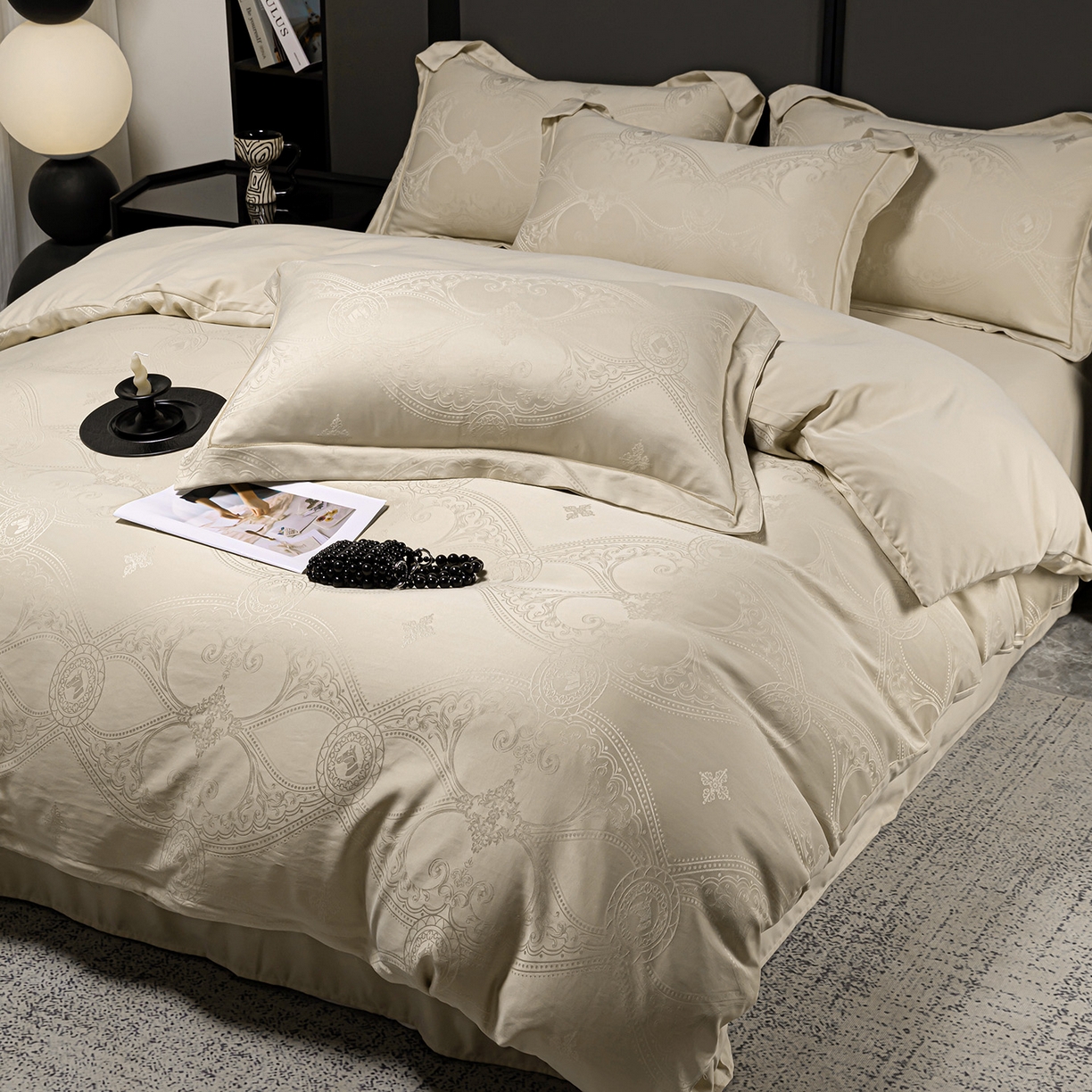 91家纺网 家纺一手货源 找家纺 暖芯优选 2025新款欧式轻奢风直播热款贡缎提花四件套床单床笠款 浅香槟