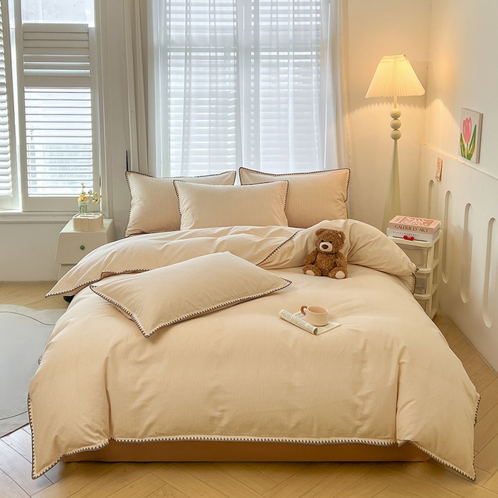 91家纺网 家纺一手货源 找家纺 莱茵家居 2025新款全棉磨毛贝壳边四件套 雾丝-晨露米