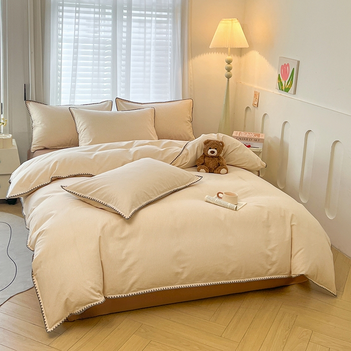 91家纺网 家纺一手货源 找家纺 莱茵家居 2025新款全棉磨毛贝壳边四件套 雾丝-晨露米