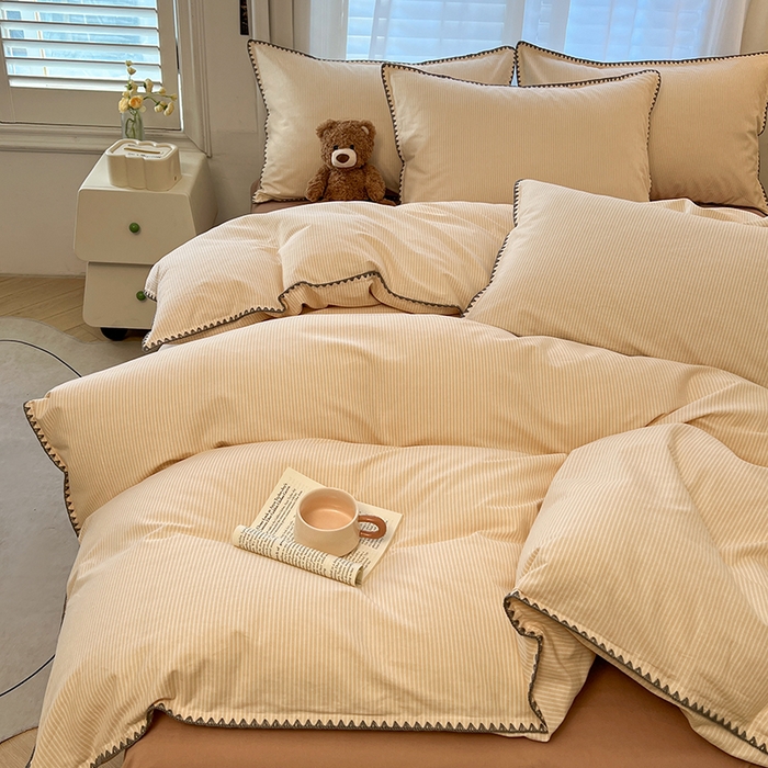 91家纺网 家纺一手货源 找家纺 莱茵家居 2025新款全棉磨毛贝壳边四件套 雾丝-晨露米