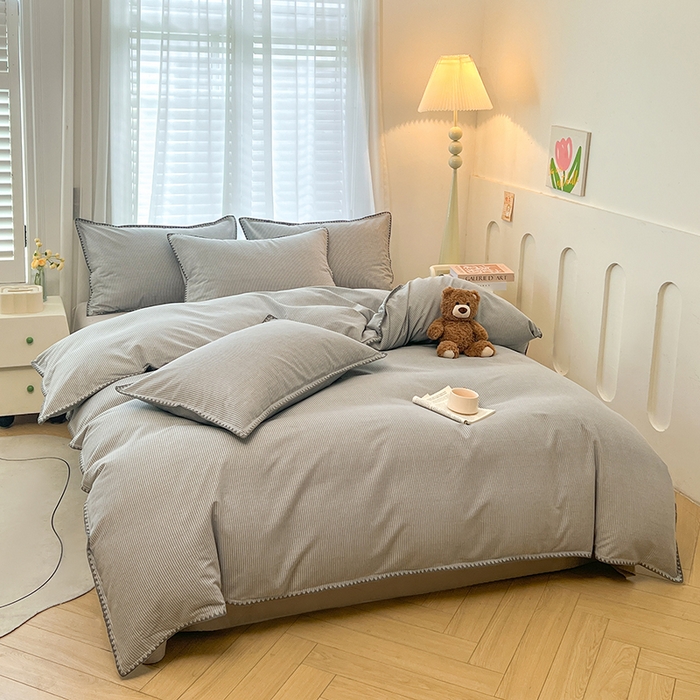 91家纺网 家纺一手货源 找家纺 莱茵家居 2025新款全棉磨毛贝壳边四件套 雾丝-云絮灰