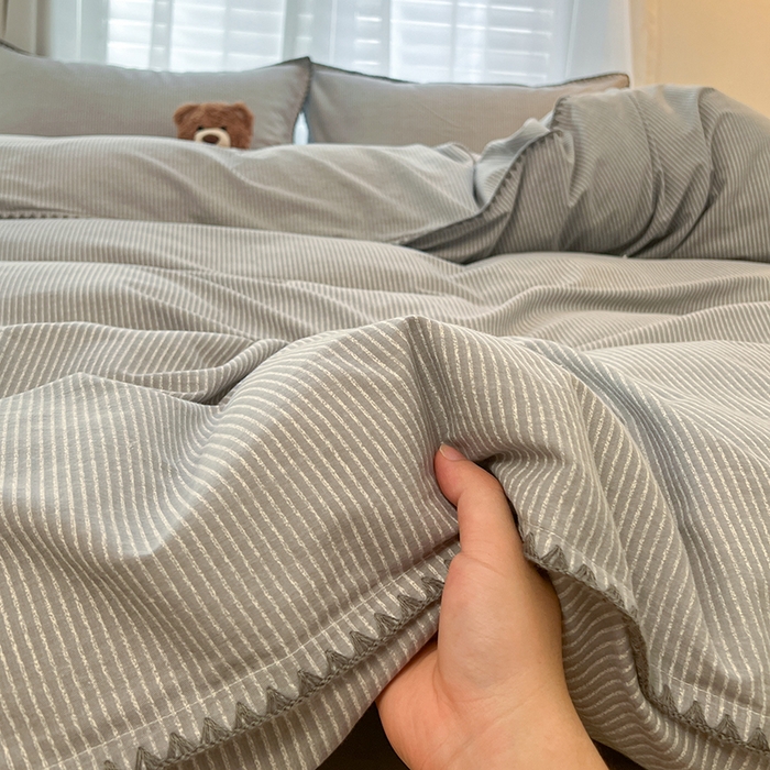 莱茵家居 2025新款全棉磨毛贝壳边四件套 雾丝-云絮灰