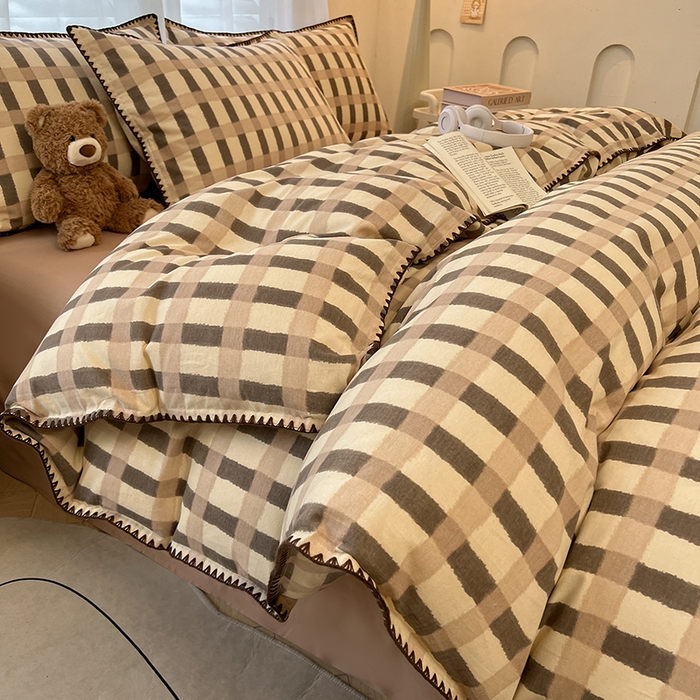 91家纺网 家纺一手货源 找家纺 莱茵家居 2025新款全棉磨毛贝壳边四件套 云格-可可拿铁