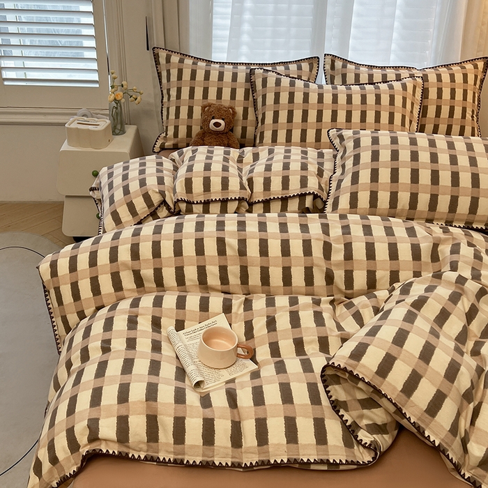 91家纺网 家纺一手货源 找家纺 莱茵家居 2025新款全棉磨毛贝壳边四件套 云格-可可拿铁