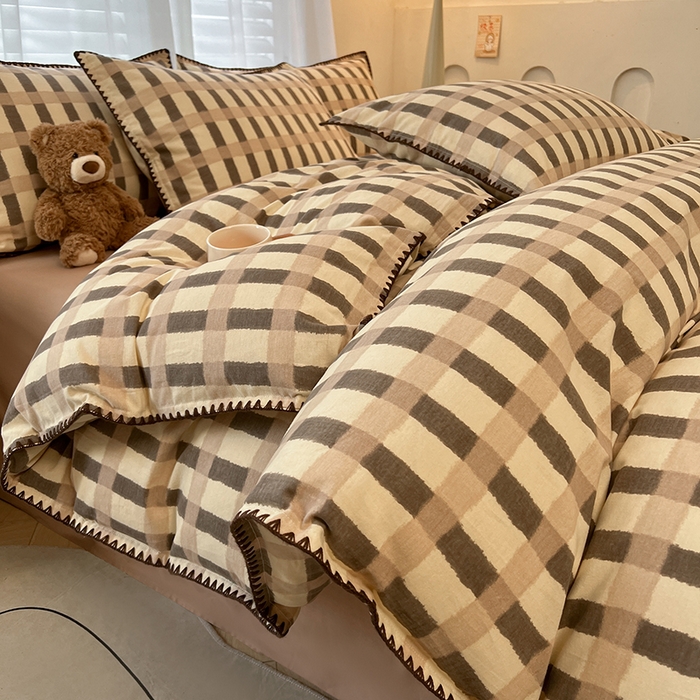 91家纺网 家纺一手货源 找家纺 莱茵家居 2025新款全棉磨毛贝壳边四件套 云格-可可拿铁