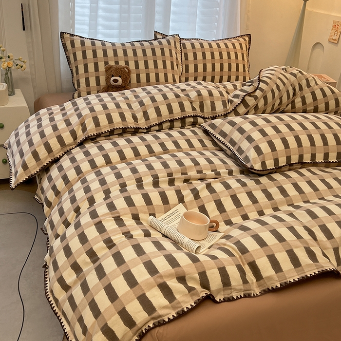 91家纺网 家纺一手货源 找家纺 莱茵家居 2025新款全棉磨毛贝壳边四件套 云格-可可拿铁