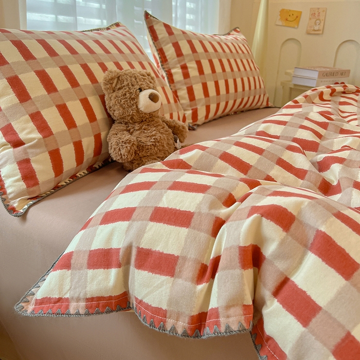 91家纺网 家纺一手货源 找家纺 莱茵家居 2025新款全棉磨毛贝壳边四件套 云格-红米焦糖