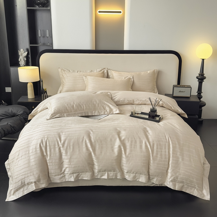 91家纺网 家纺一手货源 找家纺 金昱纺 2025新款50双股100支长绒棉贡缎提花高定四件套琉璃·香槟色