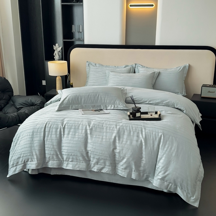 91家纺网 家纺一手货源 找家纺 金昱纺 2025新款50双股100支长绒棉贡缎提花高定四件套琉璃·青石兰