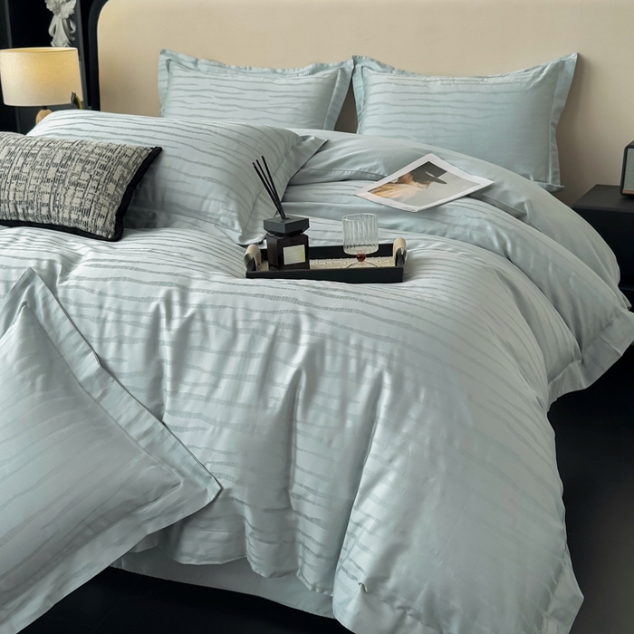 91家纺网 家纺一手货源 找家纺 金昱纺 2025新款50双股100支长绒棉贡缎提花高定四件套琉璃·青石兰