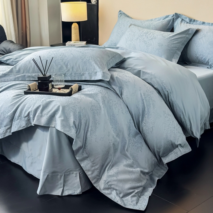 91家纺网 家纺一手货源 找家纺 金昱纺 2025新款50双股100支长绒棉贡缎提花高定四件套轻奢部落·极岩兰