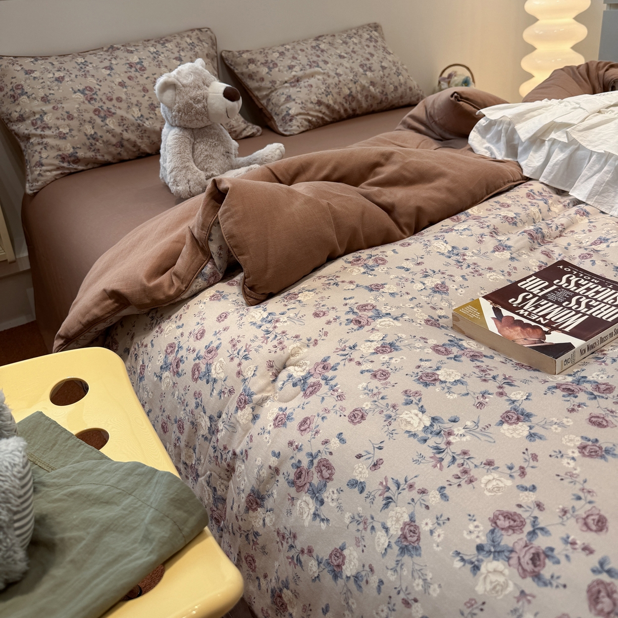 91家纺网 家纺一手货源 找家纺 一加一 2025新款40全棉双层纱印花中科抗菌被子四件套 赛琳娜