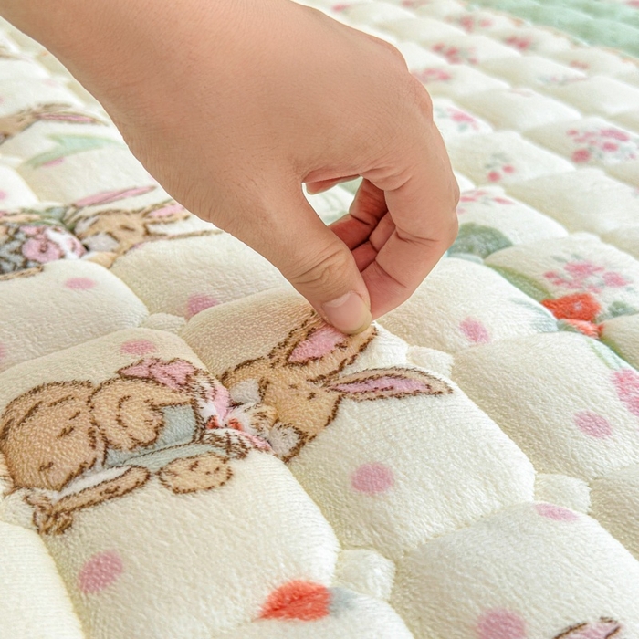 91家纺网 家纺一手货源 找家纺 爱屋及屋 2025新款牛奶绒印花床垫-大床款 可爱萌兔