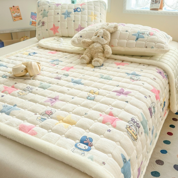 91家纺网 家纺一手货源 找家纺 爱屋及屋 2025新款牛奶绒印花床垫-大床款 萌萌布布