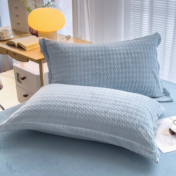 91家纺网 家纺一手货源 找家纺 锦罗绣 2025新款全消光烂花230克牛奶绒四件套 千鸟格-水蓝