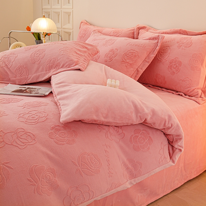 锦罗绣 2025新款全消光烂花230克牛奶绒四件套 粉玫瑰