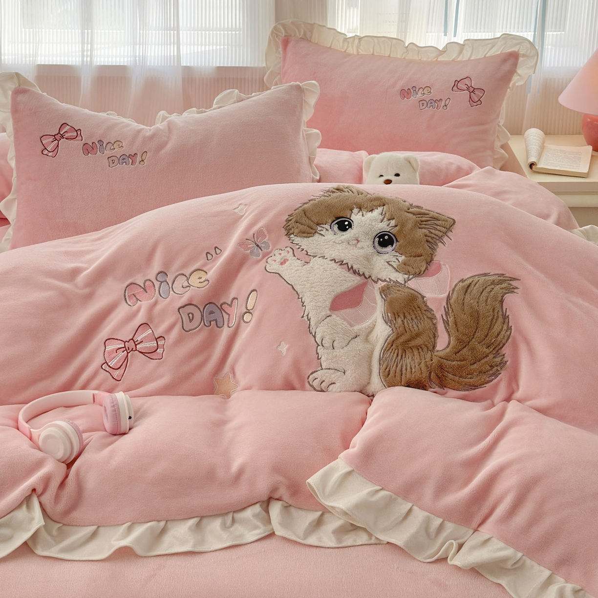 91家纺网 家纺一手货源 找家纺 易禾 2025新款韩版牛奶绒卡通兔毛贴布刺绣床单款床笠款四件套三件套小奶猫系列（专版） 小奶猫——浅粉