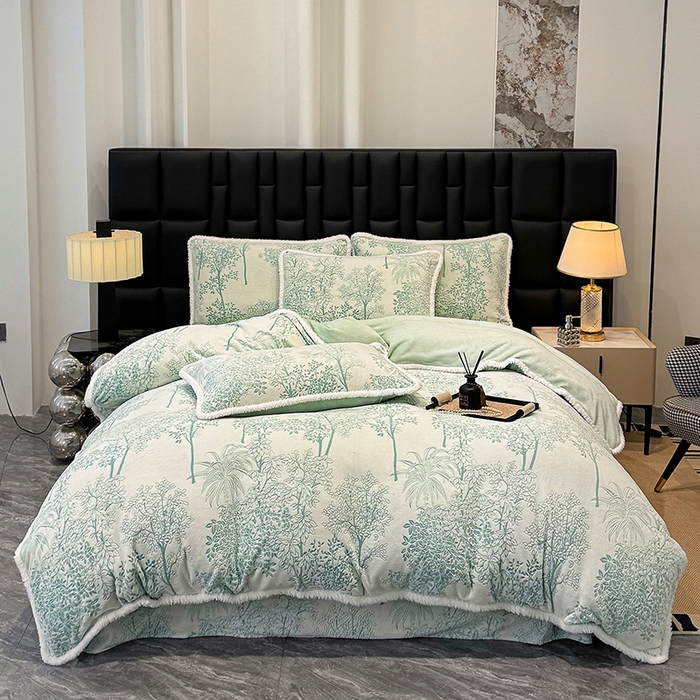 91家纺网 家纺一手货源 找家纺 云玲时尚 2025新款牛奶绒立体雕花兔毛绒包边四件套 国色天香