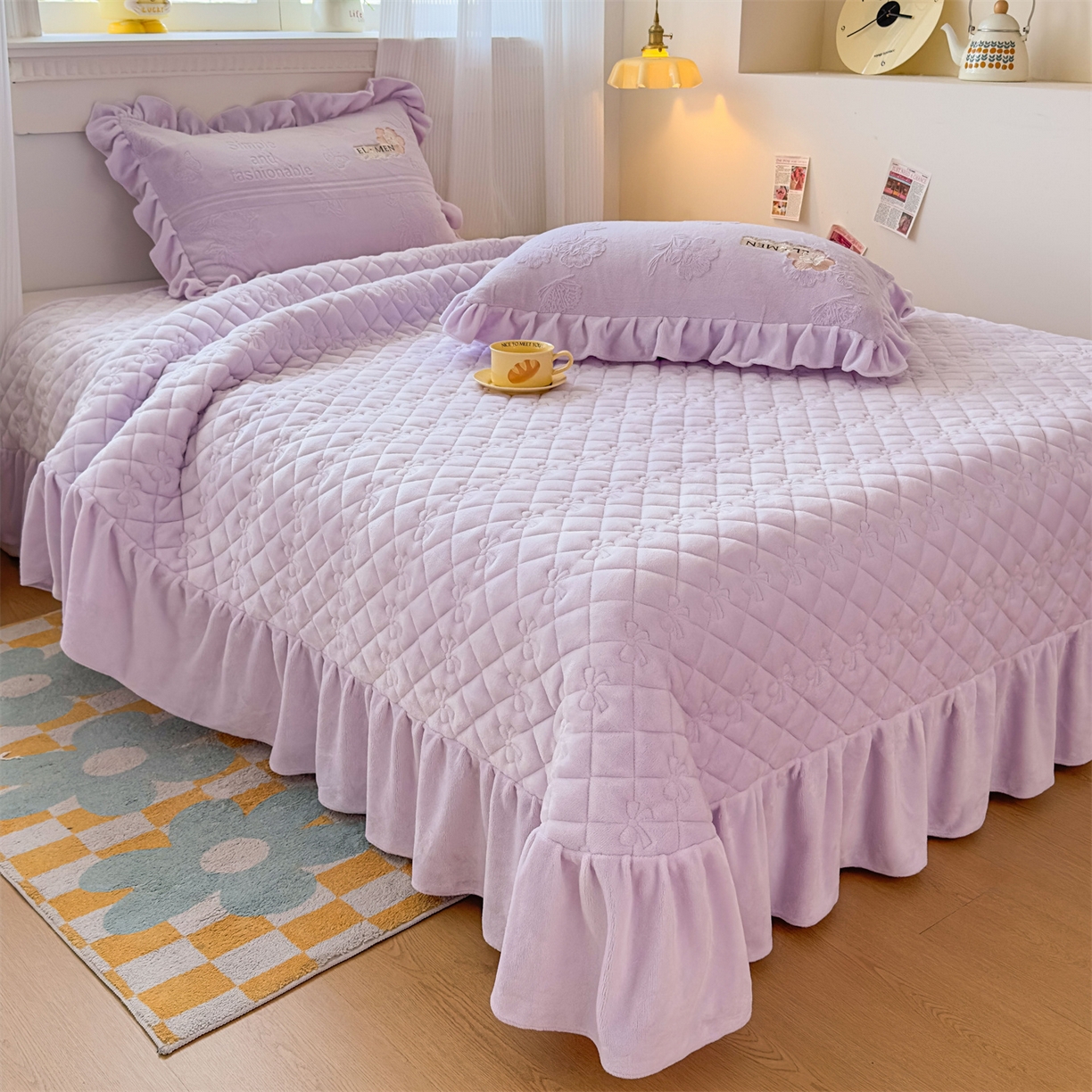 91家纺网 家纺一手货源 找家纺 恒爱家纺 2025新款牛奶绒立体剪花床盖四件套-心魅 心魅-浪漫紫