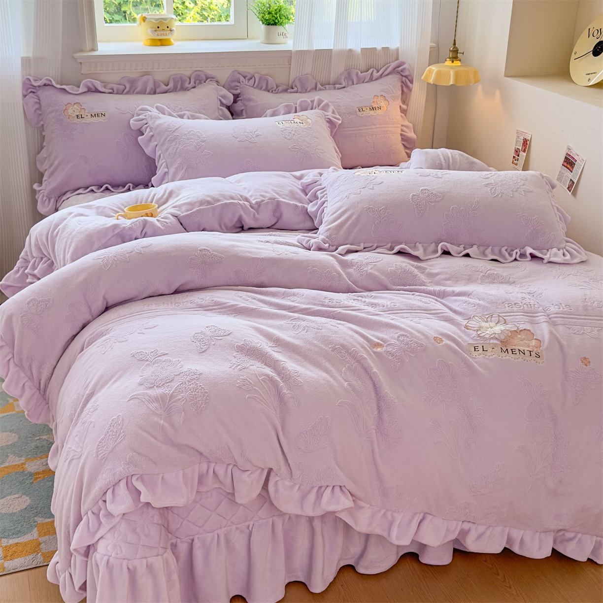 91家纺网 家纺一手货源 找家纺 恒爱家纺 2025新款牛奶绒立体剪花床盖四件套-心魅 心魅-浪漫紫