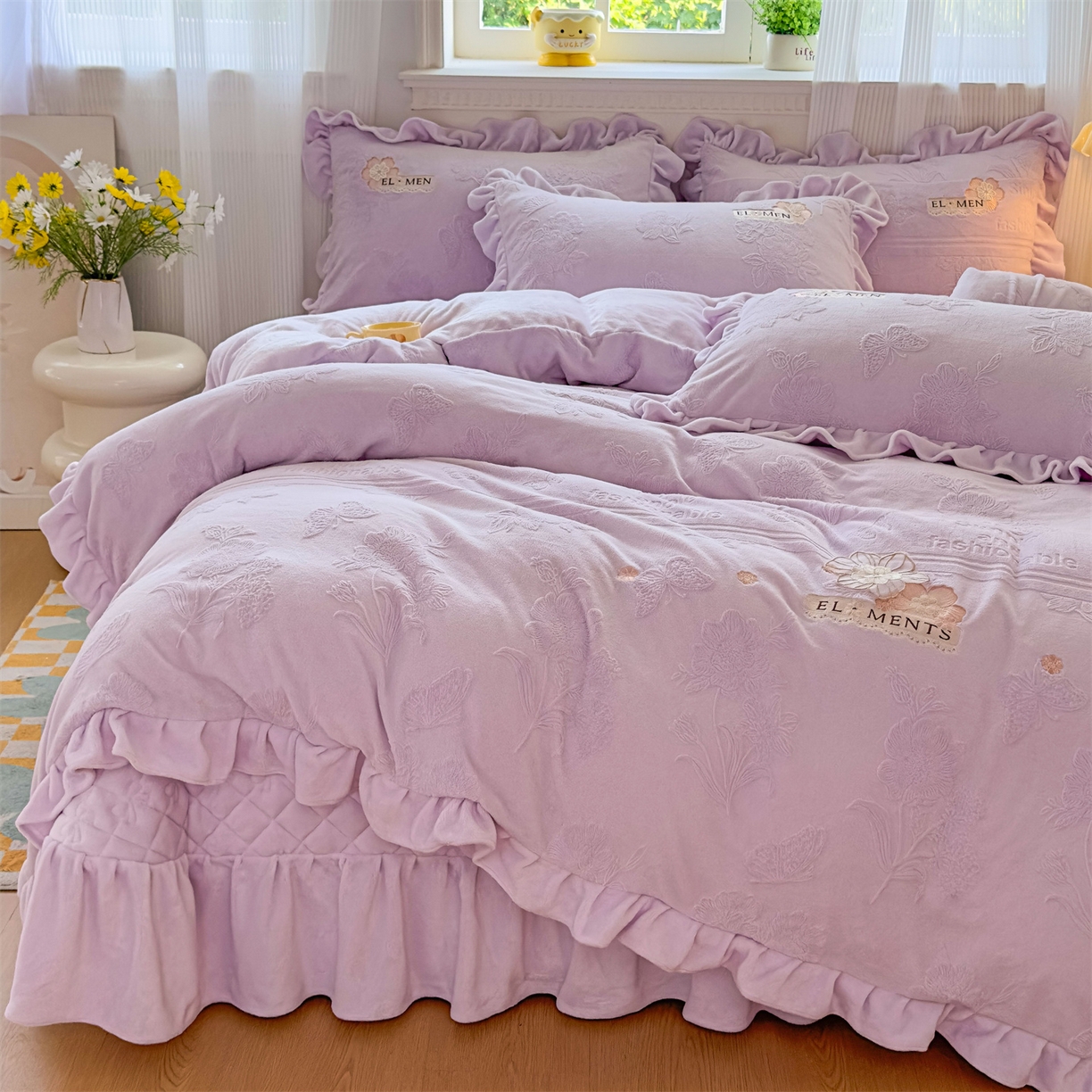 91家纺网 家纺一手货源 找家纺 恒爱家纺 2025新款牛奶绒立体剪花床盖四件套-心魅 心魅-浪漫紫