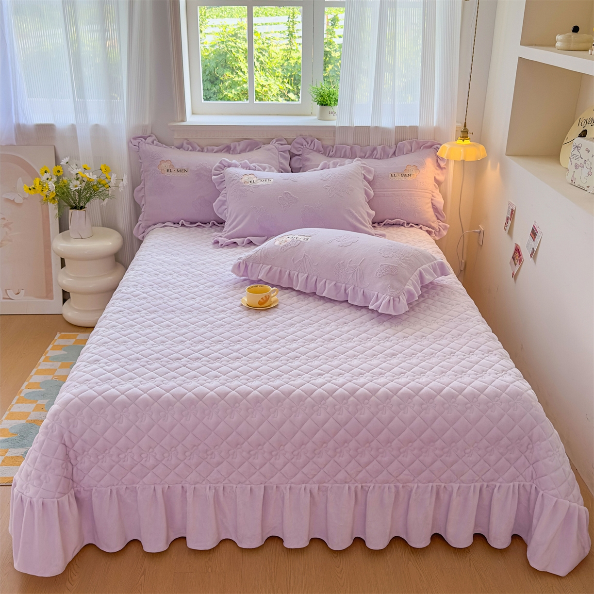 91家纺网 家纺一手货源 找家纺 恒爱家纺 2025新款牛奶绒立体剪花床盖四件套-心魅 心魅-浪漫紫