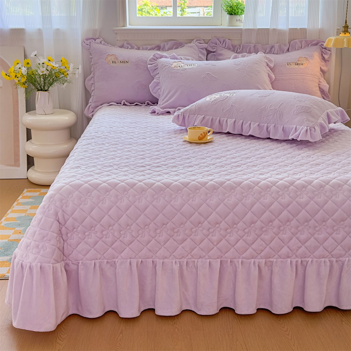 91家纺网 家纺一手货源 找家纺 恒爱家纺 2025新款牛奶绒立体剪花床盖四件套-心魅 心魅-浪漫紫