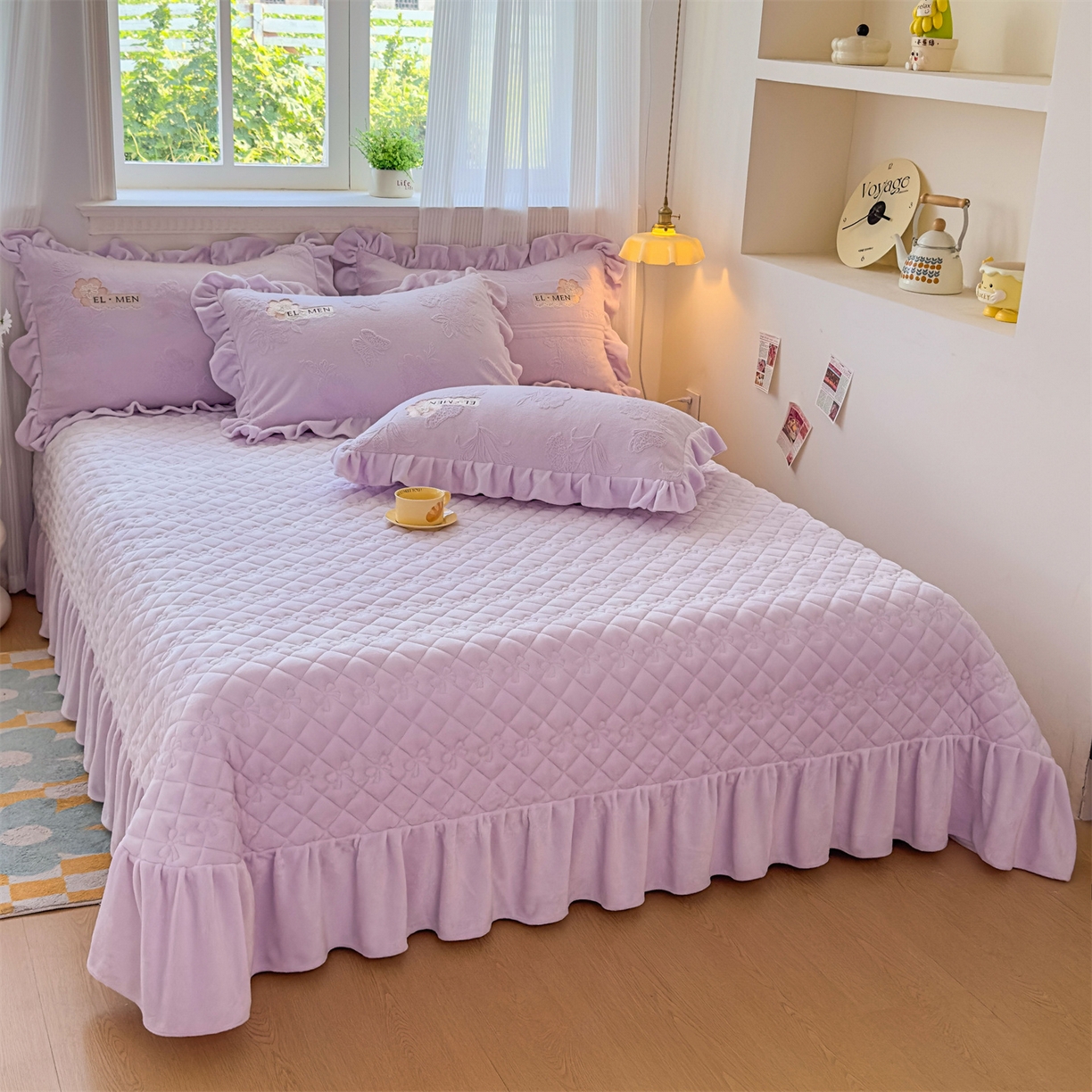 91家纺网 家纺一手货源 找家纺 恒爱家纺 2025新款牛奶绒立体剪花床盖四件套-心魅 心魅-浪漫紫