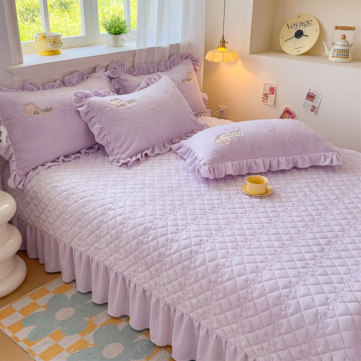 91家纺网 家纺一手货源 找家纺 恒爱家纺 2025新款牛奶绒立体剪花床盖四件套-心魅 心魅-浪漫紫