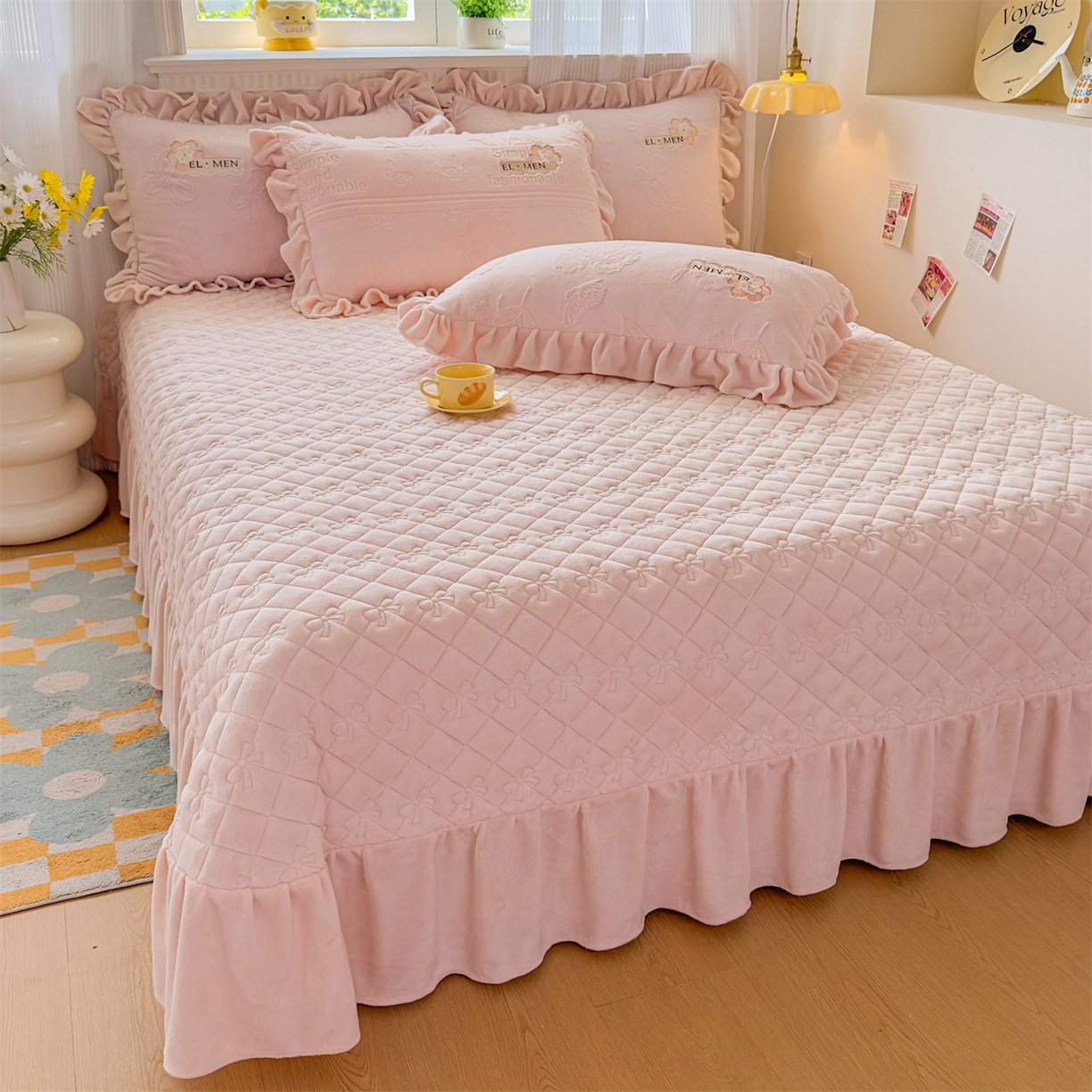 91家纺网 家纺一手货源 找家纺 恒爱家纺 2025新款牛奶绒立体剪花床盖四件套-心魅 心魅-美人玉