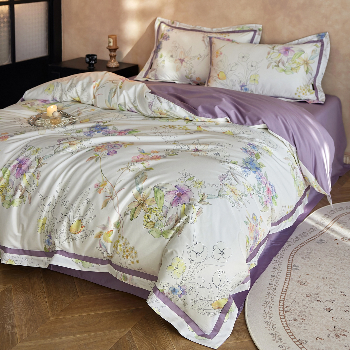 91家纺网 家纺一手货源 找家纺 轩和家居 2025新款70SA类轻奢长绒棉纯棉花四件套正品YKK拉链+精品做工 第一组 兰萱