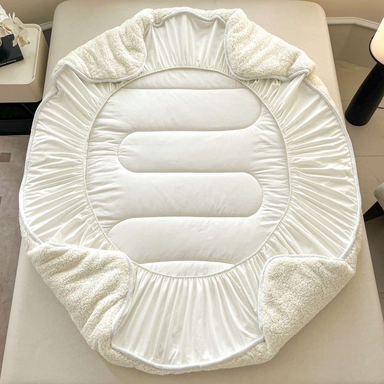 91家纺网 家纺一手货源 找家纺 悠米悠家 2025新款A类羊羔绒夹棉大豆床笠床垫 白色