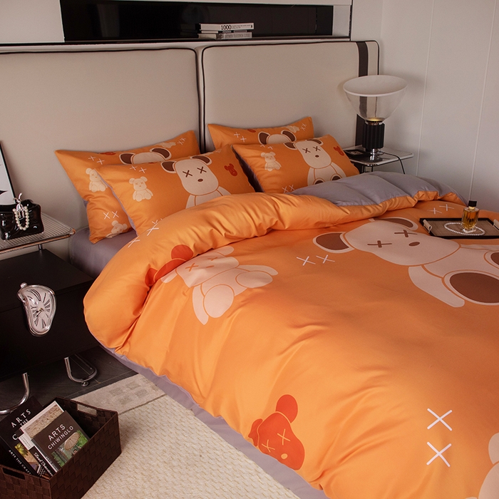 91家纺网 家纺一手货源 找家纺 摩卡（乐趣） 2025新款现代简约四季棉四季款四件套 熊仔桔