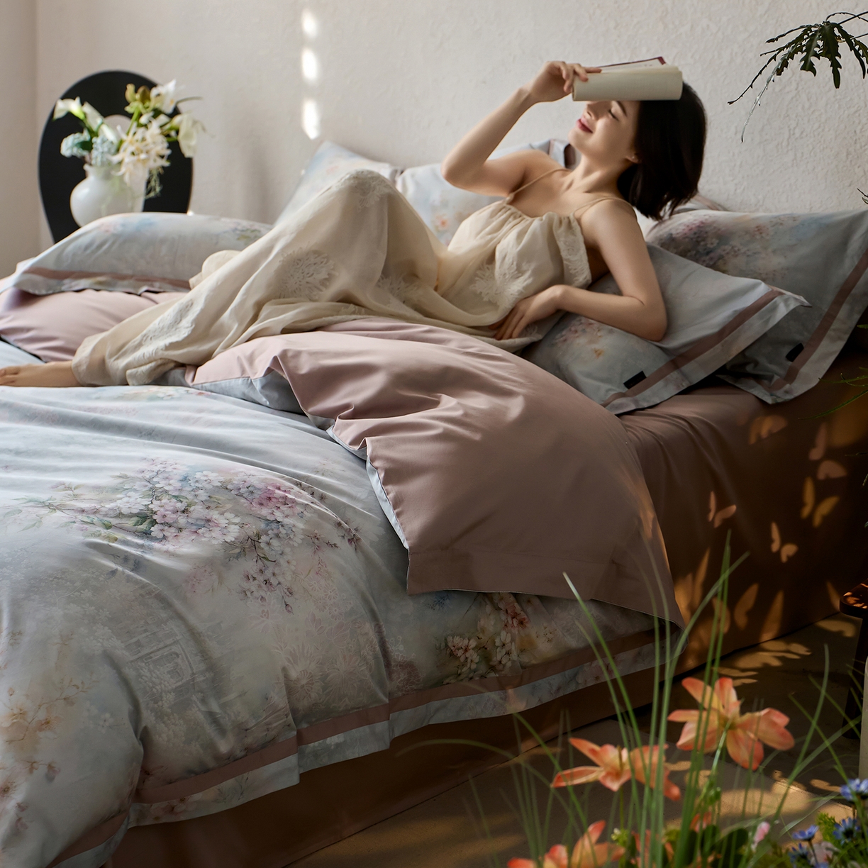 91家纺网 家纺一手货源 找家纺 轩和家居 2025新款70SA类轻奢长绒棉纯棉花四件套正品YKK拉链+精品做工 第一组 绿野花颂