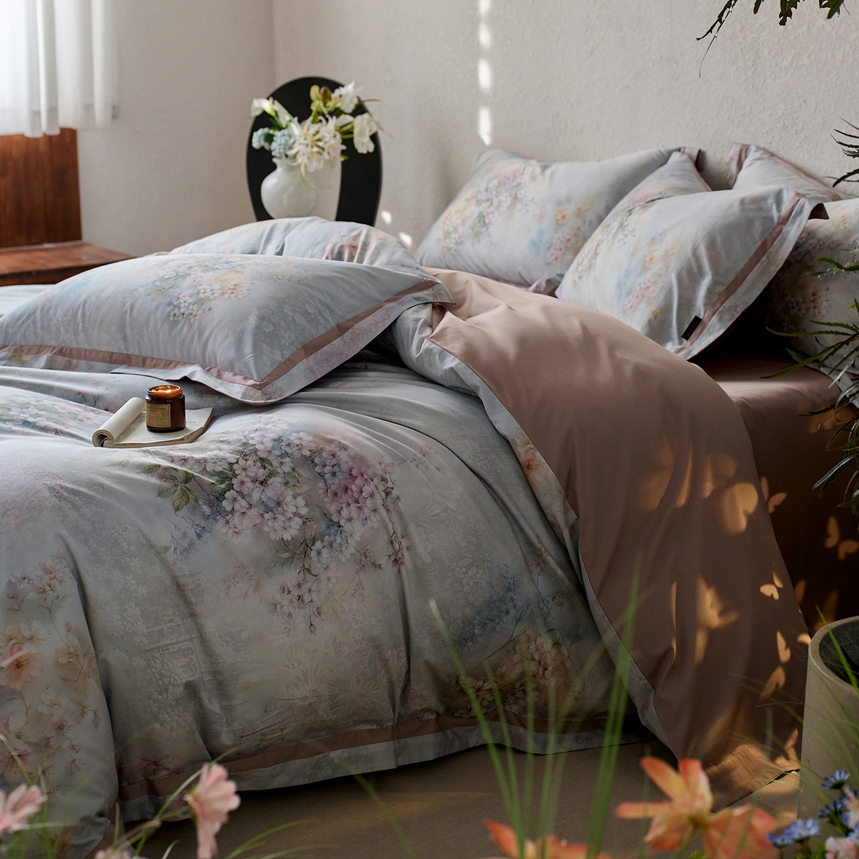 91家纺网 家纺一手货源 找家纺 轩和家居 2025新款70SA类轻奢长绒棉纯棉花四件套正品YKK拉链+精品做工 第一组 绿野花颂