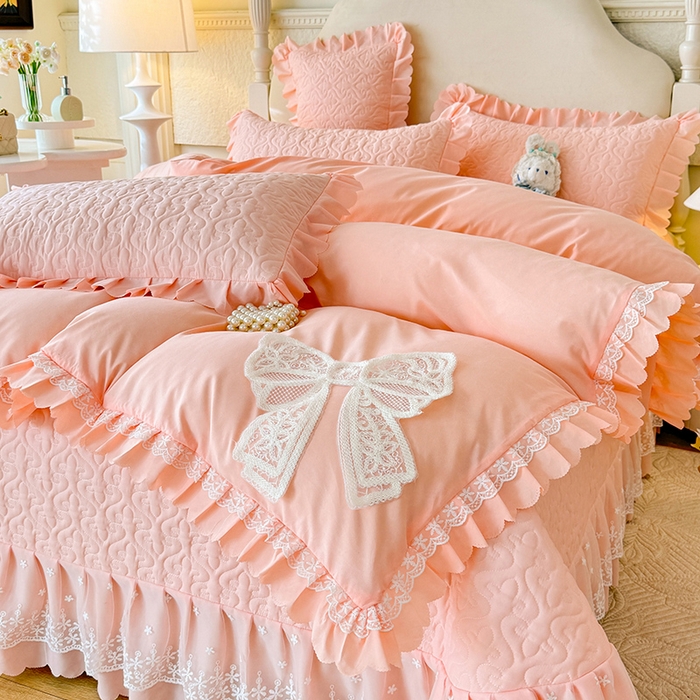 91家纺网 家纺一手货源 找家纺 后庭寝室 2025新款法式公主风亲肤床盖四件套-蝶恋系列 蝶恋-玉色