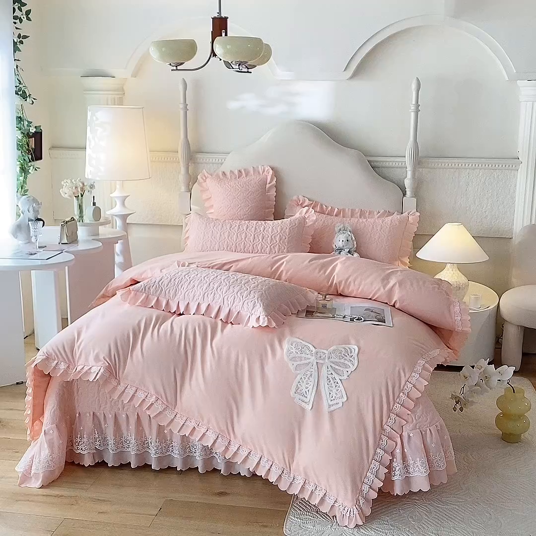91家纺网 家纺一手货源 找家纺 后庭寝室 2025新款法式公主风亲肤床盖四件套-蝶恋系列 蝶恋-玉色
