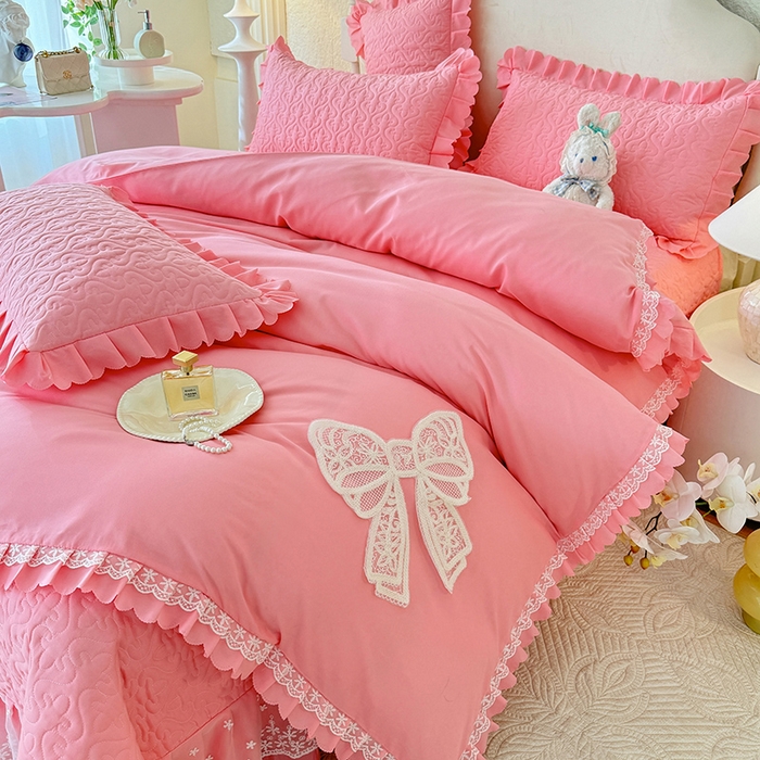 91家纺网 家纺一手货源 找家纺 后庭寝室 2025新款法式公主风亲肤床盖四件套-蝶恋系列 蝶恋-粉玉