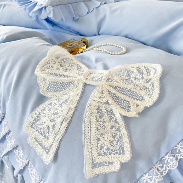 91家纺网 家纺一手货源 找家纺 后庭寝室 2025新款法式公主风亲肤床盖四件套-蝶恋系列 蝶恋-浅蓝