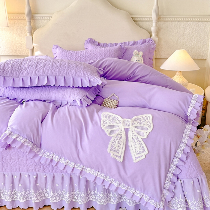 91家纺网 家纺一手货源 找家纺 后庭寝室 2025新款法式公主风亲肤床盖四件套-蝶恋系列 蝶恋-浅紫