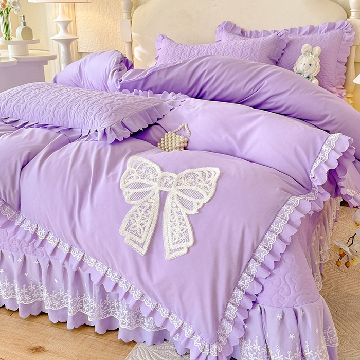 91家纺网 家纺一手货源 找家纺 后庭寝室 2025新款法式公主风亲肤床盖四件套-蝶恋系列 蝶恋-浅紫