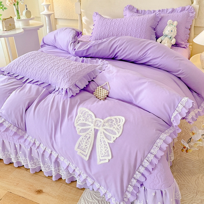 91家纺网 家纺一手货源 找家纺 后庭寝室 2025新款法式公主风亲肤床盖四件套-蝶恋系列 蝶恋-浅紫